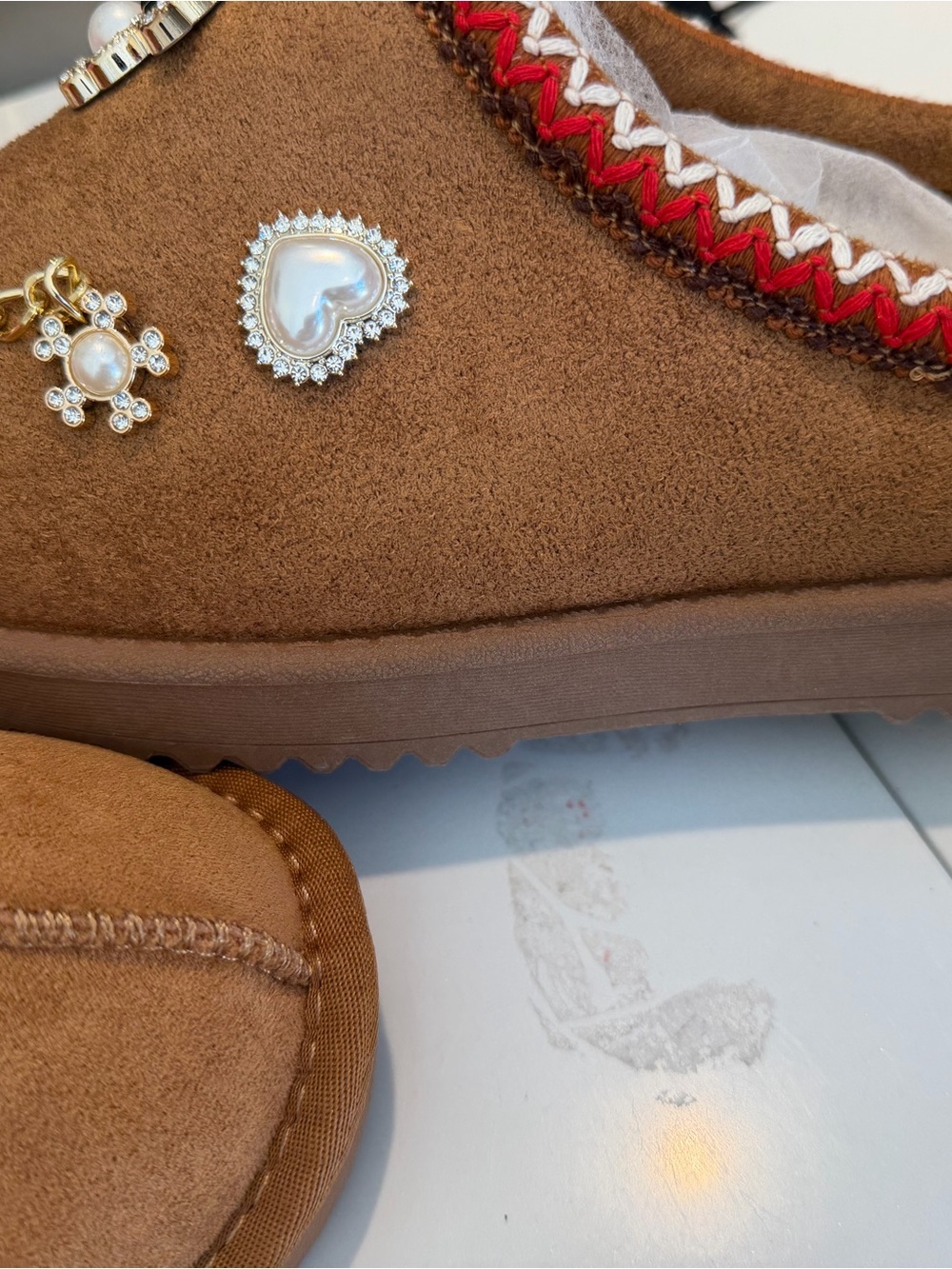Brown Suede Slip-On with Pearl Heart & Crystal Charms